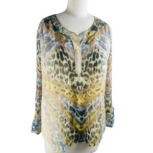 One World Leopard Print Long  Sleeved Blouse with Blue Accents, Sz Small